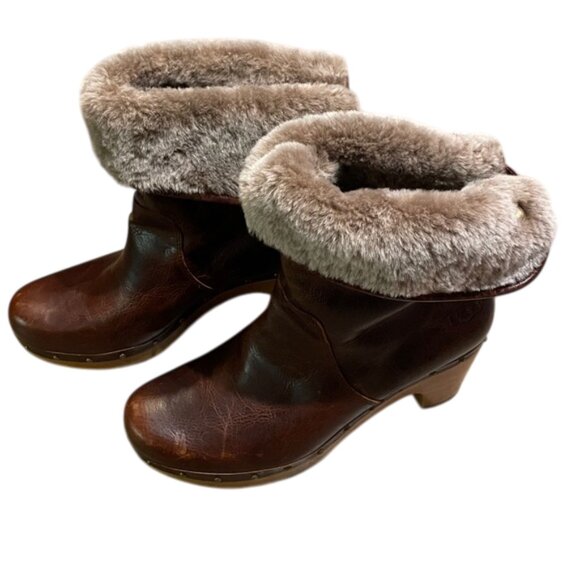 UGG Lynnea II Brown Leather Clog Boot Womens Size 9 1001793 Sheepskin Lined - Picture 12 of 14